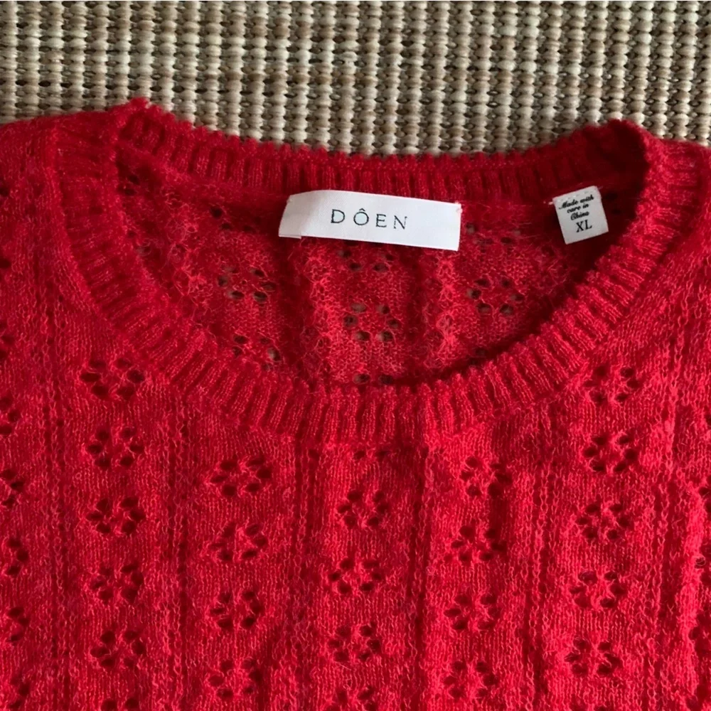 Doen Monica Alpaca Wool Pointelle Short Sleeeve Crew Neck Sweater Top Cherry Red